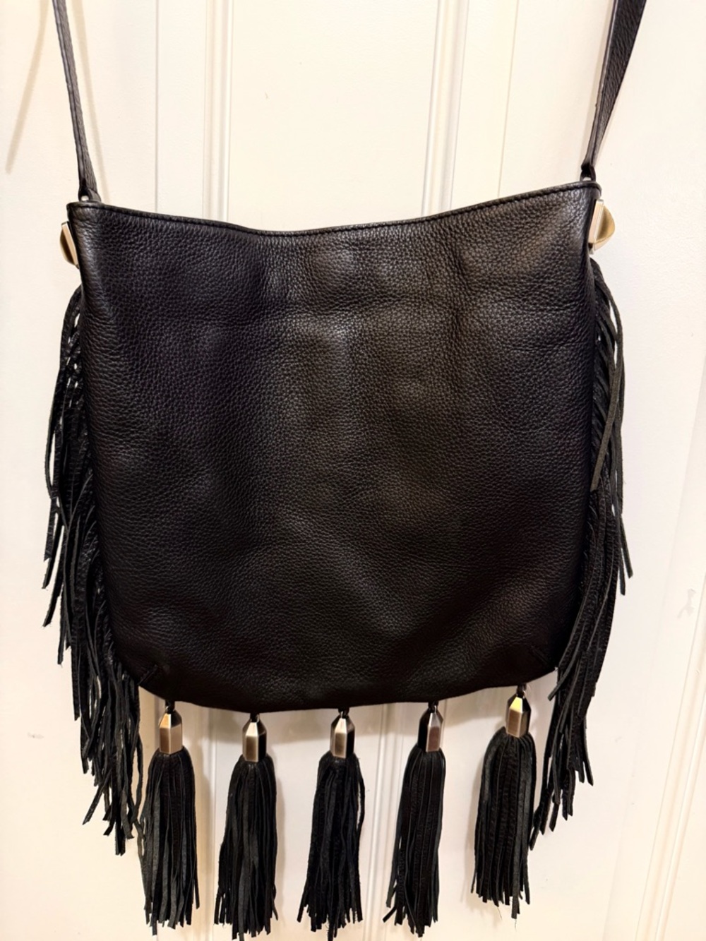 Fringed Tassel Crossbody Pebble Leather Black Bag - Picture 2 of 11